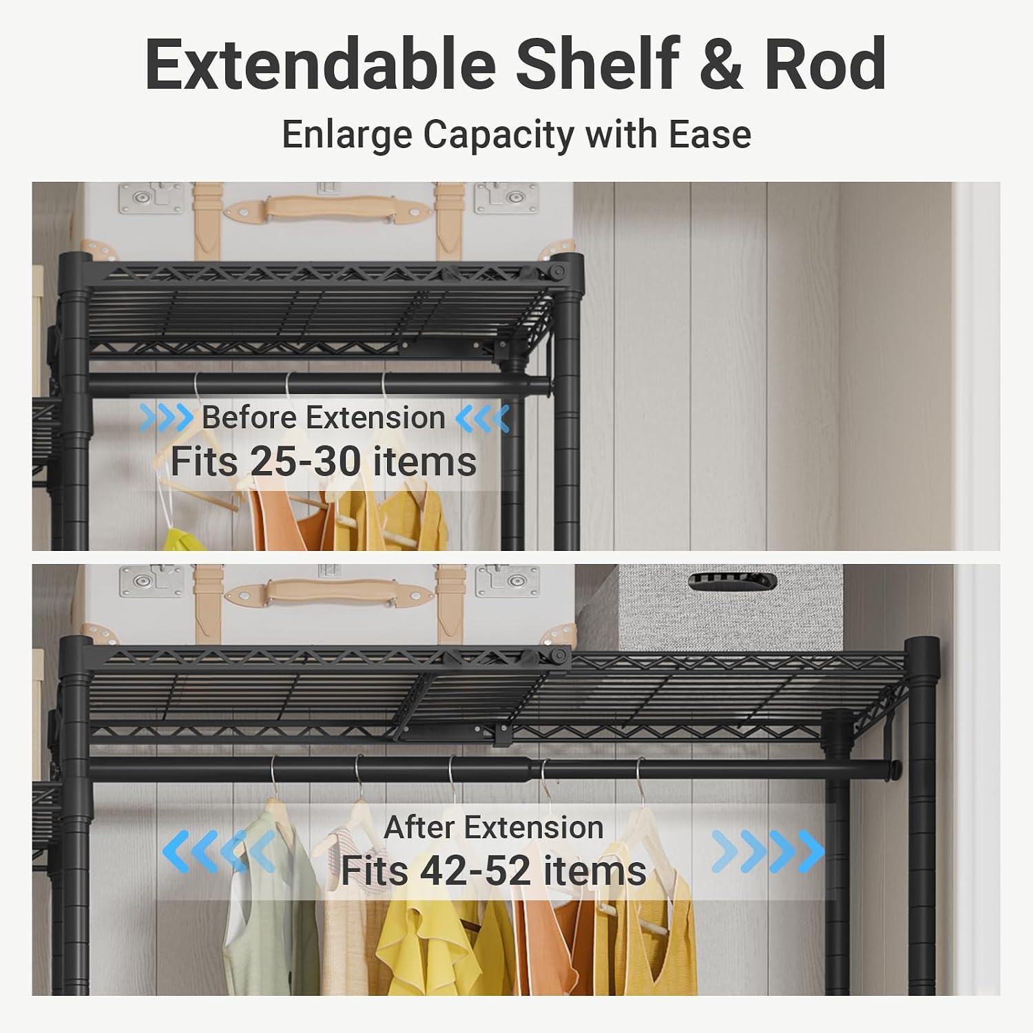 VIPEK X3 Expandable Heavy Duty Clothes Rack Adjustable from 5'2' to 8' with Adjustable Shelves and Hanger Rods, Large Freestanding Clothing Racks Reach-in & Walk-in Closet, Max Load 1210LBS, Black