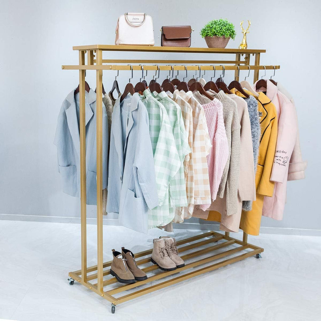 63' Heavy Duty Metal Clothing Rack with Wheels, Gold Garment Rack for Boutique Commercial Home Use, Standing Adjustable Rolling Display , Wardrobe Closet Organizer