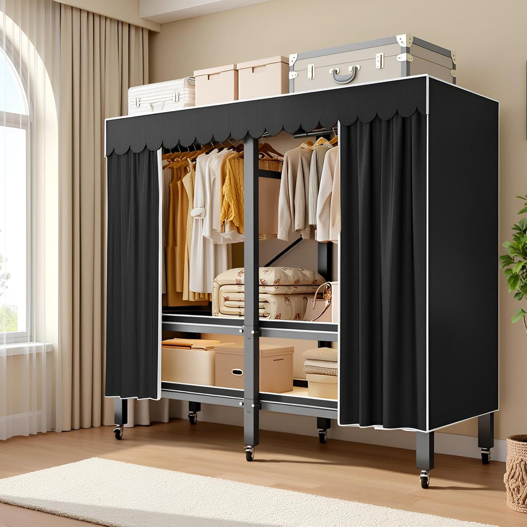 Heavy Duty Portable Wardrobe, Metal Foldable Covered Clothes Rack, 1500LBS, Freestanding Closet System Rolling Garment Rack, for Bedroom Closet (Black Zipper, 66in)