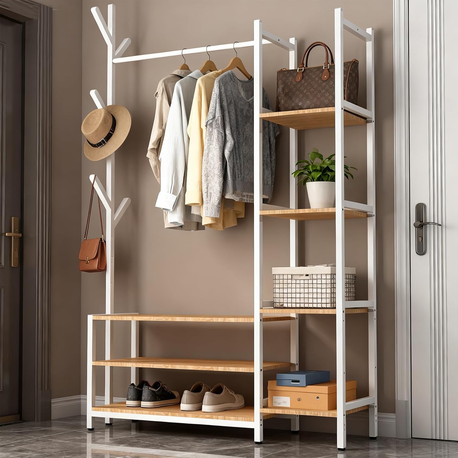 4 in 1 Freestanding Closet Organizer with Coat Rack & Shoes Rack & 5 Side Shelves, Heavy Duty Wood Clothing Rack for Hanging Clothes, Multi-functional Wardrobe Closet for Bedroom, Living Room (White)