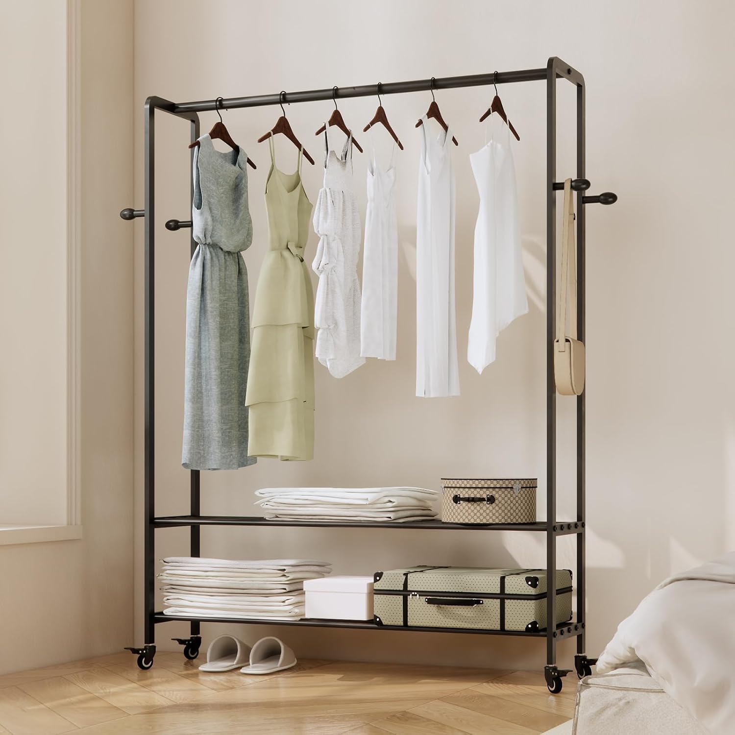 Black Rolling Garment Rack with Shelves and Hooks,Freestanding Metal Clothing Rack with Wheels,Large Clothes Hanging Rack for Bedroom,Closet, Entryway,Wardrobe,Boutique Display
