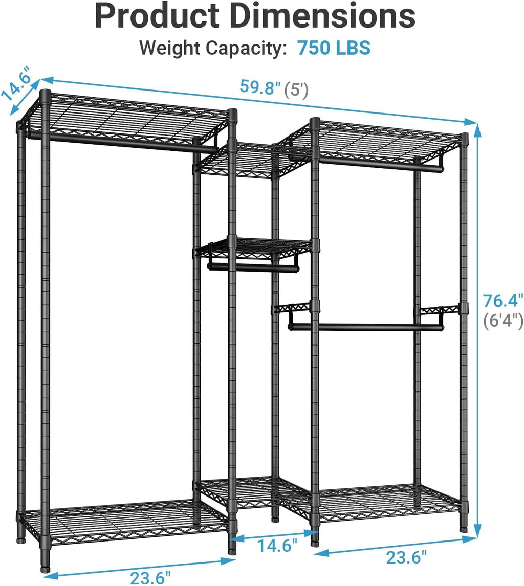 VIPEK Classic V6 Medium Heavy Duty Clothes Rack, 7-Tier Garment Rack with Adjustable Shelves, Portable Closet with 4 Hanging Rods, Space-Saving, 750lbs Capacity, 59.8' L x 14.6' W x 76.4' H, Black