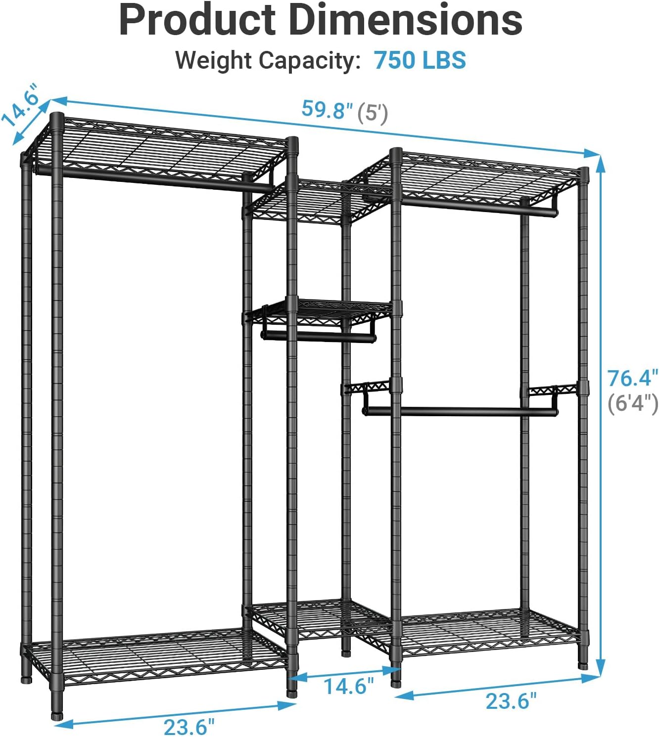VIPEK Classic V6 Medium Heavy Duty Clothes Rack, 7-Tier Garment Rack with Adjustable Shelves, Portable Closet with 4 Hanging Rods, Space-Saving, 750lbs Capacity, 59.8' L x 14.6' W x 76.4' H, Black