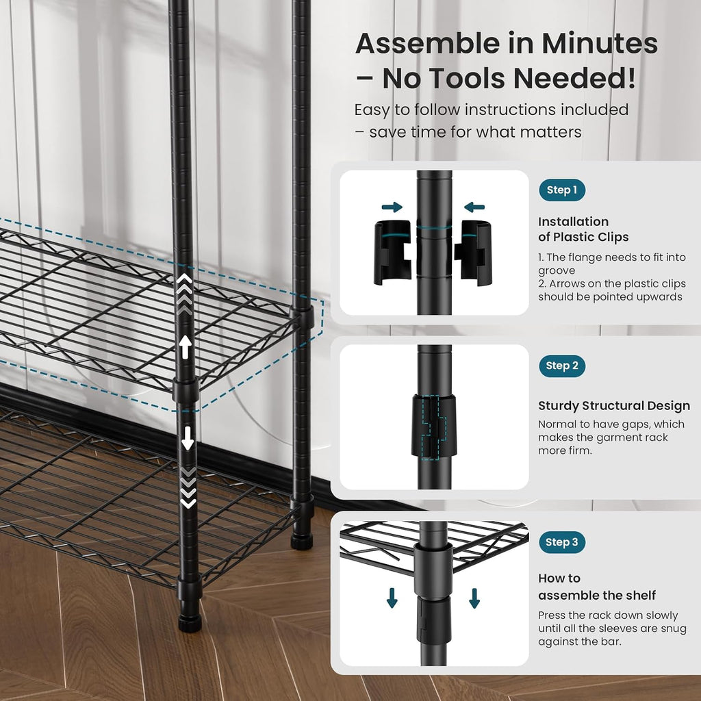Garment Rack Heavy Duty Clothes Rack Adjustable Freestanding Metal Portable Wardrobe Closet Rack with Shelves for Hanging Clothes - 72' L x 14' W x 75' H, Black