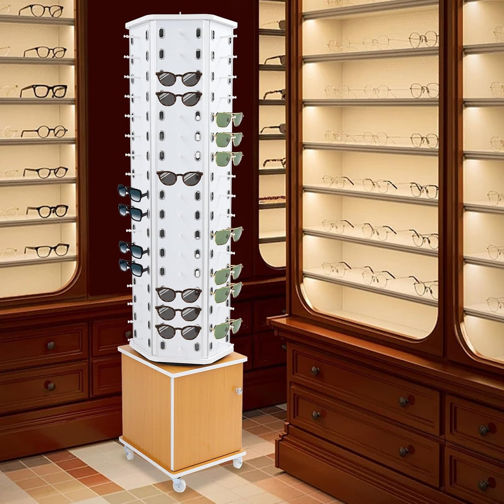 102 Pairs Rotating Glasses Display Stand, Eyewear Storage Organizer with Cabinet & Wheels, Commercial Sunglasses Display Rack, Optical Shop Glasses Holder (White+Yellow)