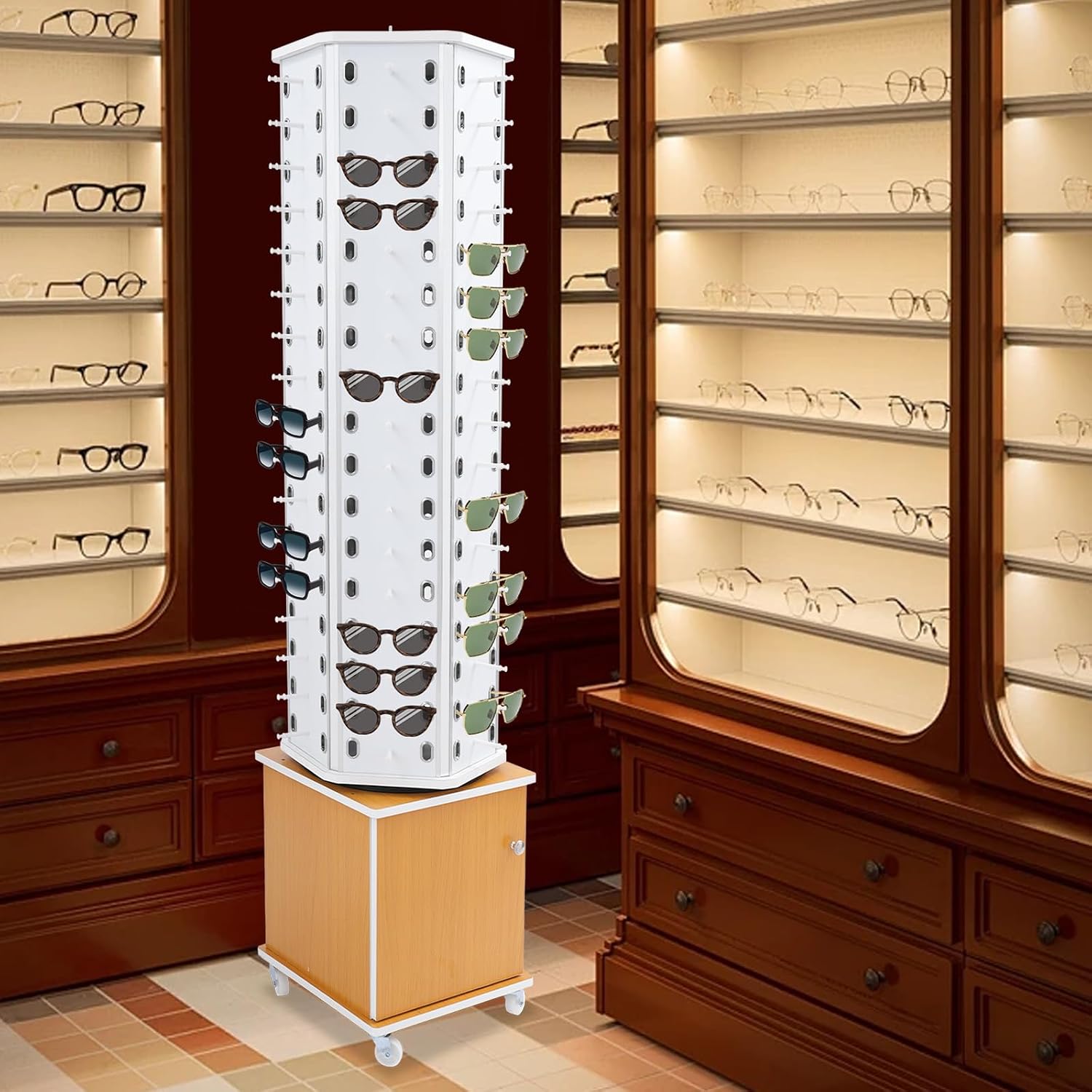 102 Pairs Rotating Glasses Display Stand, Eyewear Storage Organizer with Cabinet & Wheels, Commercial Sunglasses Display Rack, Optical Shop Glasses Holder (White+Yellow)
