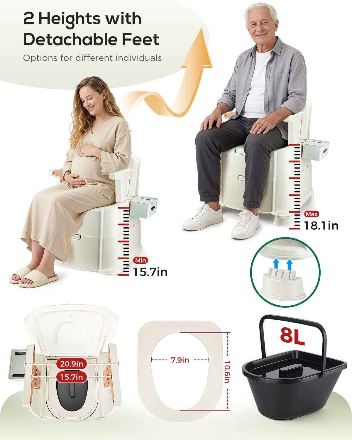 500 Lbs Heavy Duty Bedside Commode, 3-in-1 Portable Potty Chair for Elderly & Adults, Night Toilet with Motion Light, PU Padded Sofa Chair, 2 Heights, Buckets & Tissue Box