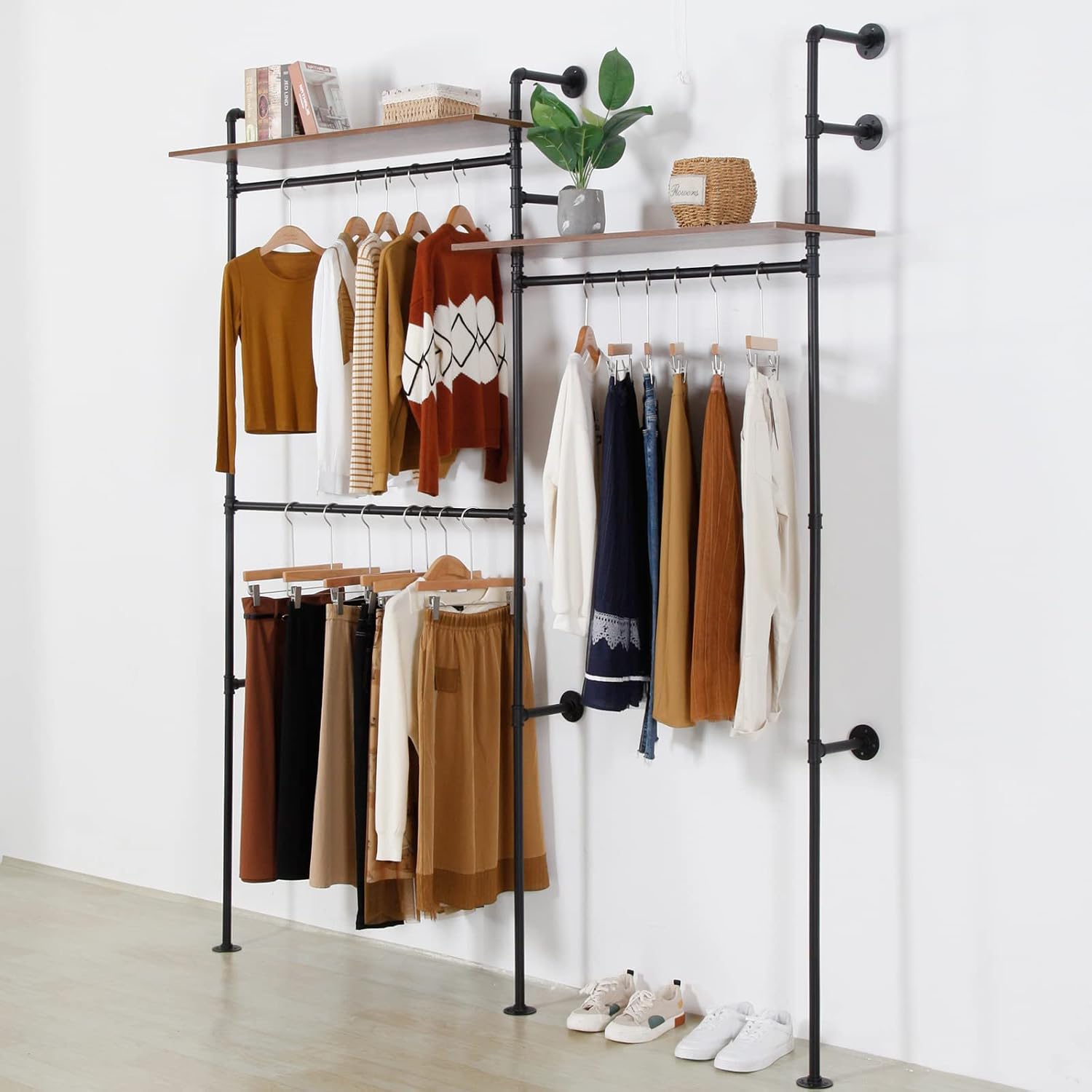 Industrial Pipe Clothing Rack with 2 Shelves, Clothes Rack Wall Mounted Heavy Duty Clothing Store Display Stands Garment Rack Closet System(Black, 96.5x80.7inch)