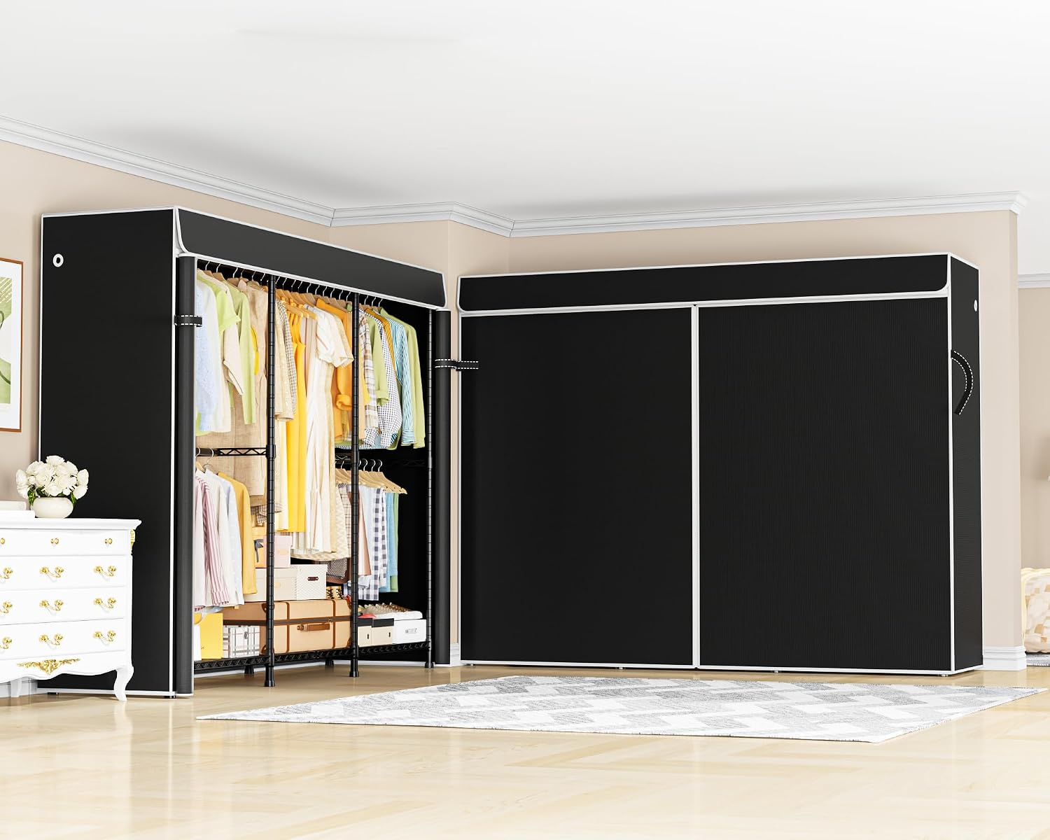 ULIFHOME E14C Pro Heavy Duty Closet Organizer System，Freestanding Clothing Racks for Hanging Clothes，Adjustable Garment Rack 69' W × 16' D × 77' H Hold 960 lbs，Black Rack with Black Dustproof Cover