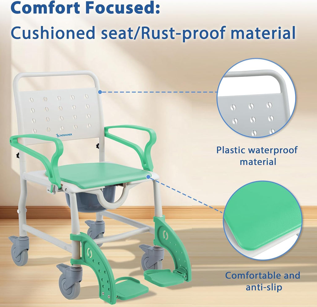 4 in 1 Rolling Shower Chair with Wheels for Elderly and Disabled, Shower Wheelchair with Flip-Up Arms & 4 Locking Wheels, Adjustable Footrests, Bedside Commode, Fits Over Toilet, Green