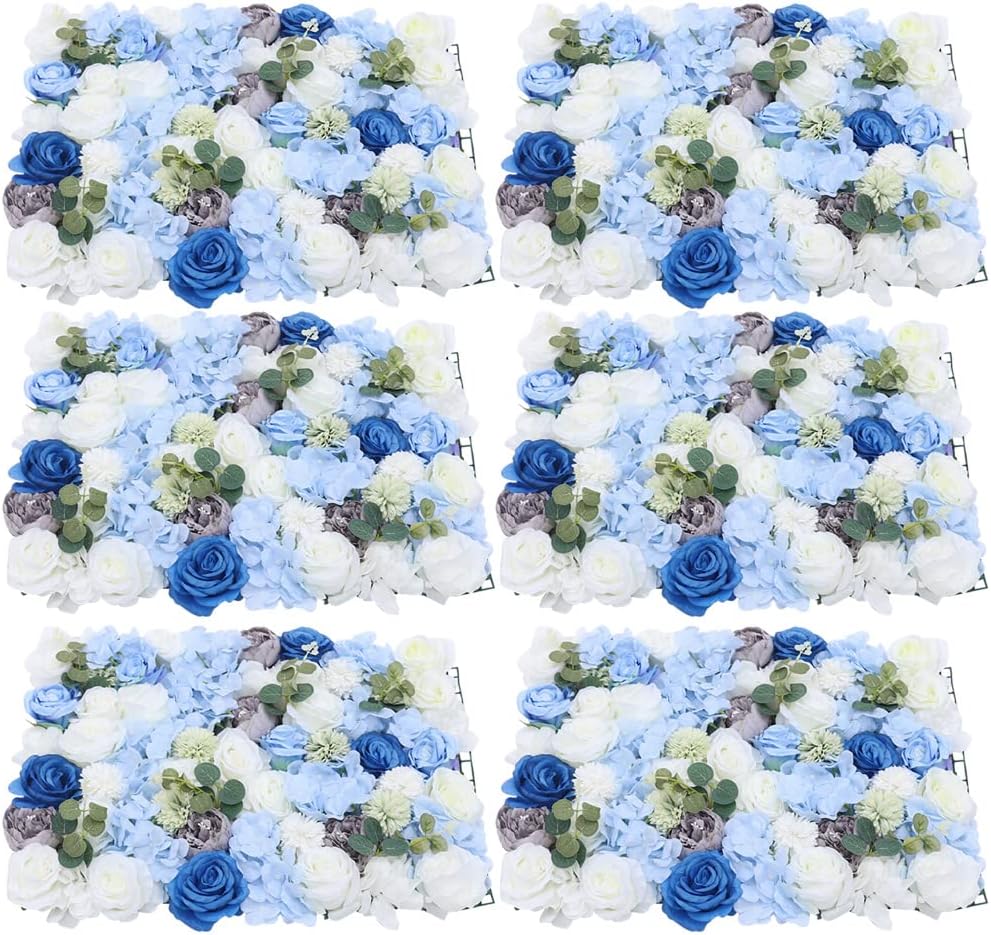 DNYSYSJ 6Pcs Artificial Flowers Wall Romantic Flower Wall for Background Decoration Silk Flower Roses Wall Panel Hanging Wedding Venue Main Road Decor Silk Flower Panels for Photo Backdrop (Blue)