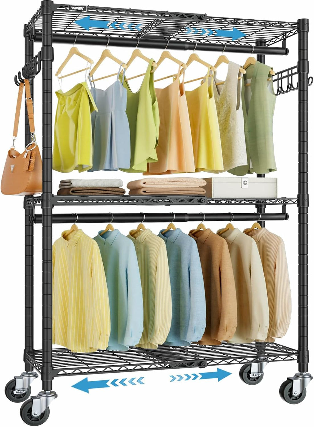 VIPEK R2X Expandable Portable Closet with Lockable Wheels, 600lbs Capacity Heavy Duty Rolling Clothes Rack w/Adjustable Shelves & Hanger Rod (2' to 3'5'), Metal Clothing Rack for Small Spaces (Black)