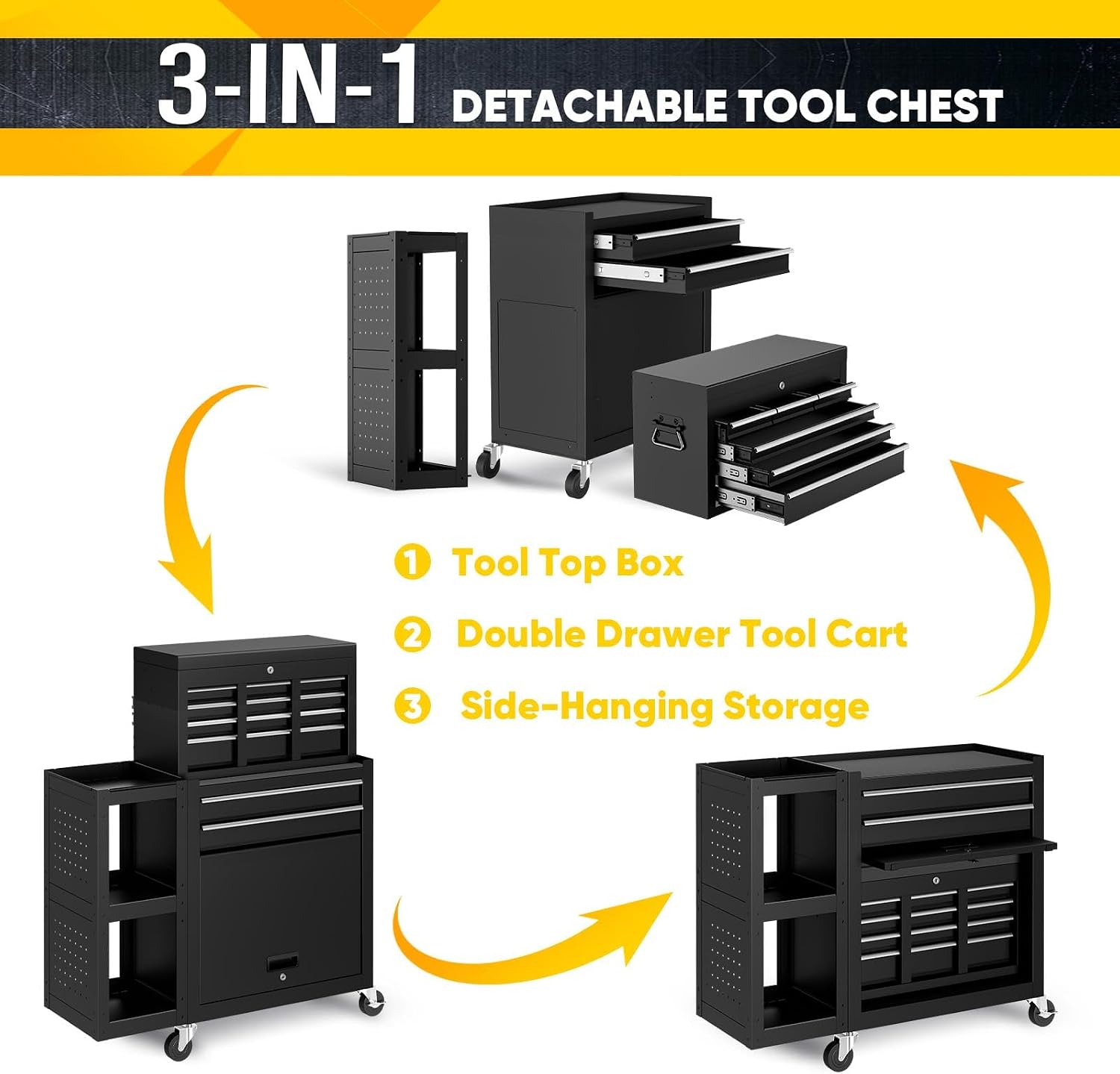 SILVEL 8-Drawer Rolling Tool Chest, 3-in-1 Lockable Tool Box on Wheels with Detachable Top Toolbox & Bottom Storage Cabinet Cart for Garage, Workshop, Repair Room, Warehouse (Black)