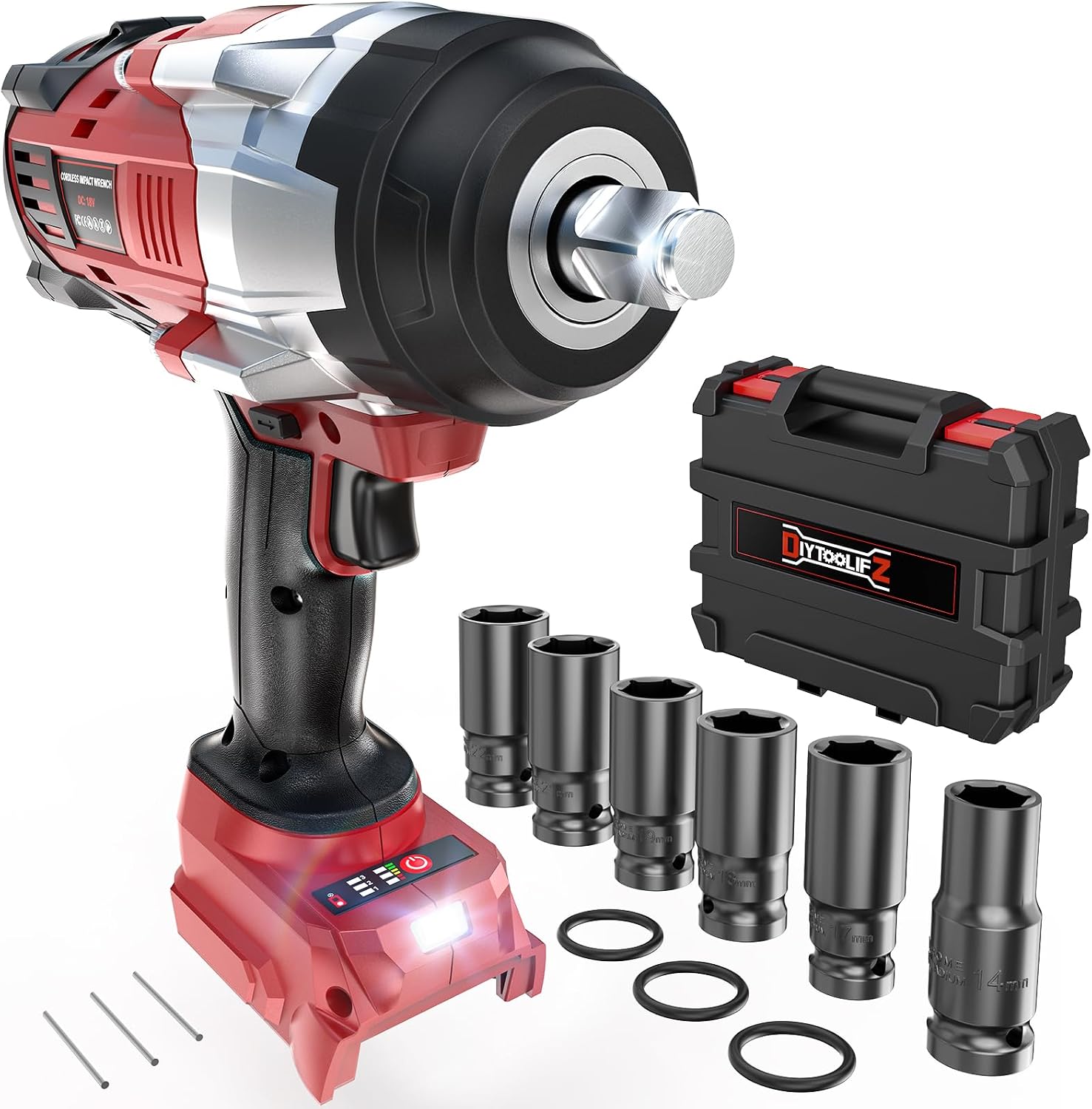 DIYtoolifz Cordless Impact Wrench 1/2 inch Compatible with Milwaukee 18v Battery, 1700 Ft-lbs High Torque Impact Driver with 6Pcs Sockets & Storage Case, Electric Impact Gun with 4-Speed & LED Light