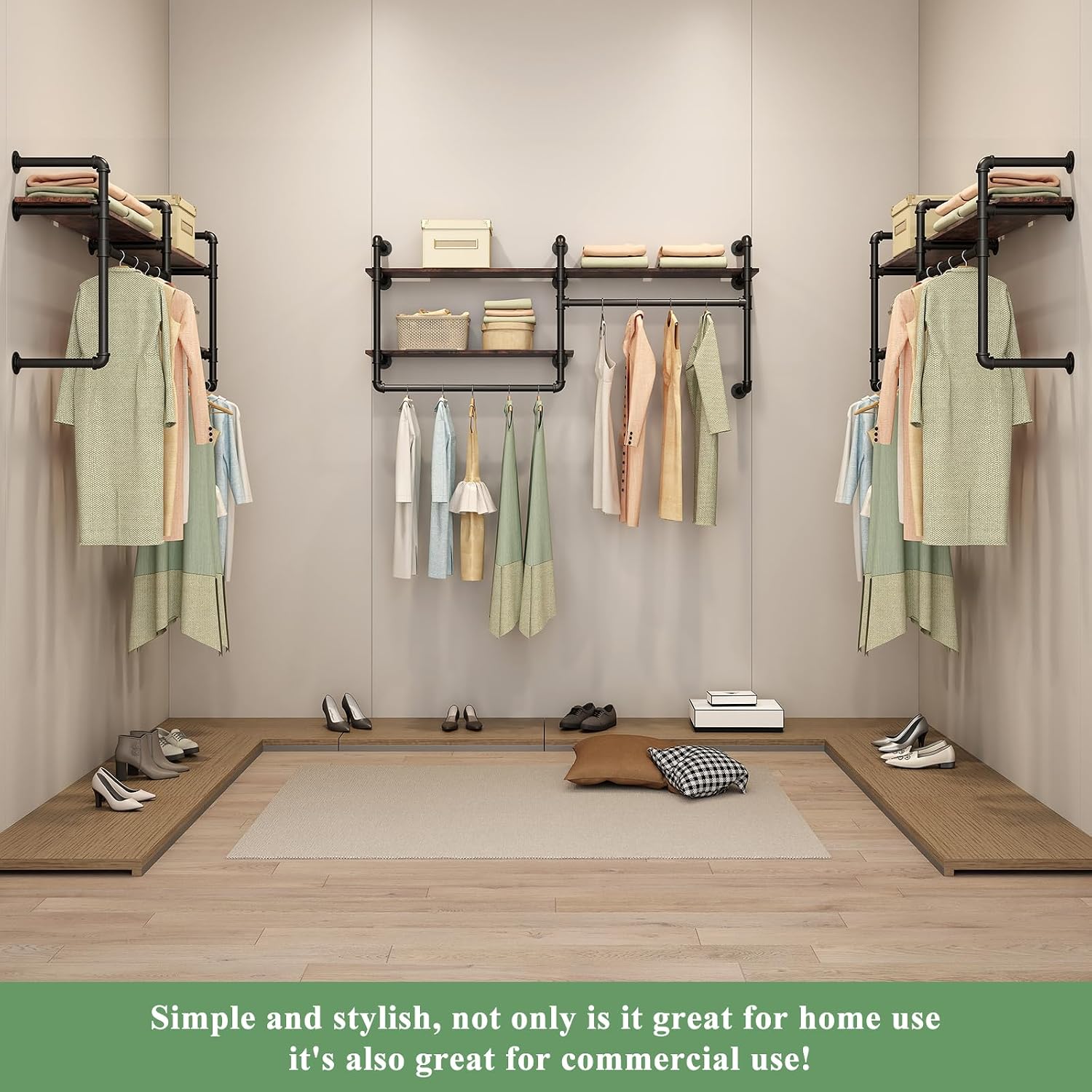 Industrial Pipe Clothing Rack Wall Mounted - Heavy Duty 2-Tier Closet Organizer with Wood Shelves & Dual Hanging Rods for Bedroom/Retail Store