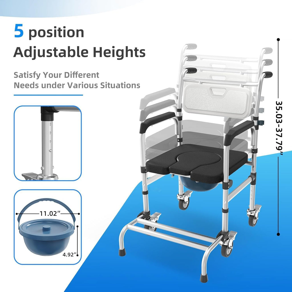 4 in 1 Rolling Bedside Commode Chair w/Wheels for Elderly, Shower Chair w/Handles for Height Raised Toilet Seat for Seniors, Disabled & Pregnant Holds Up to 350 lbs