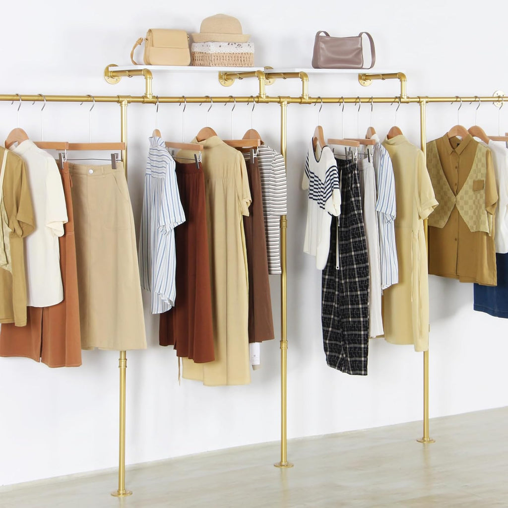 Wall Mounted Gold pipe clothing rack with 3 T-Bar Design and Nano Gold Finish with 2 Wooden Shelves Heavy Duty Wall Mounted Iron Garment Bar for Retail Display and Closet Storage