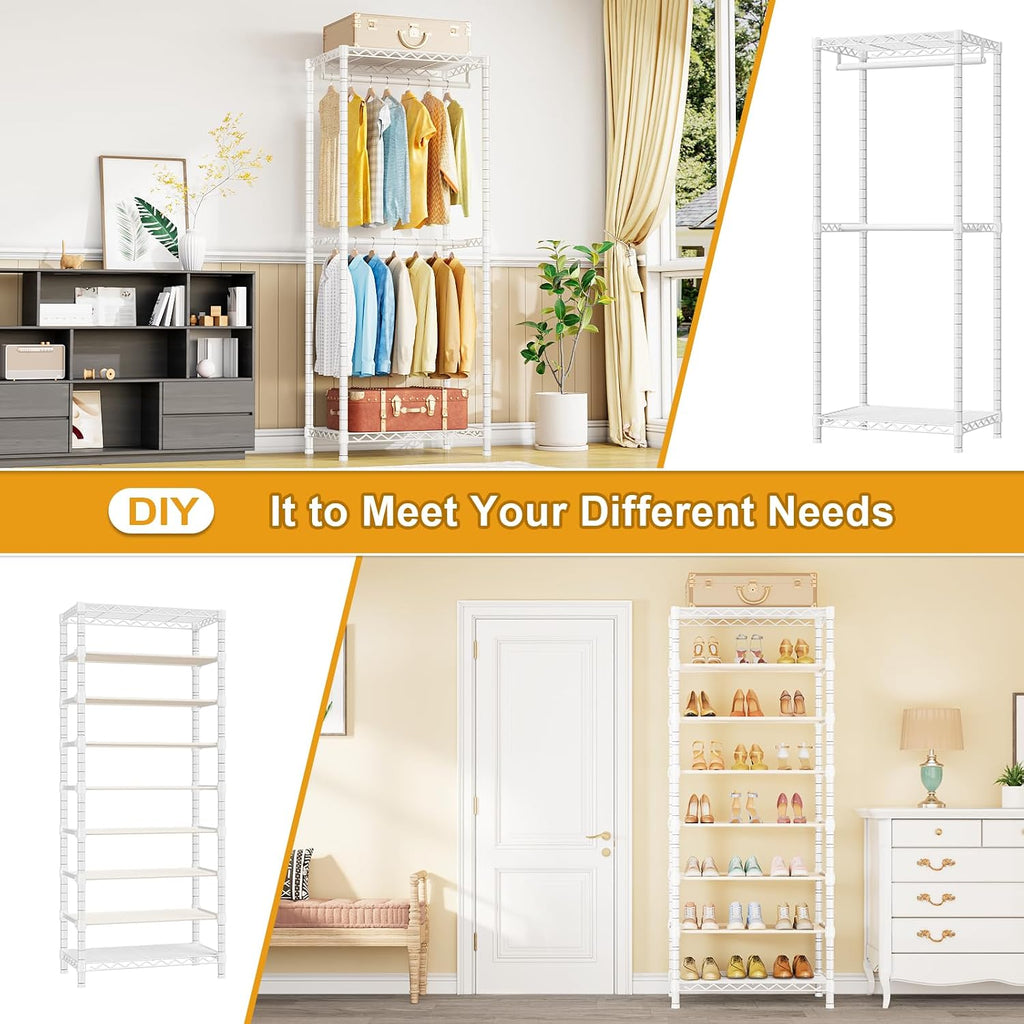ULIFHOME E16 Heavy Duty Clothing Rack（With 7-Tier Adjustable Shoe Rack） Freestanding Clothes Rack for Hanging Clothes，Metal Closet Storage Organizer Large Wardrobe，69'' W x 15.8'' D x 76.2'' H，White