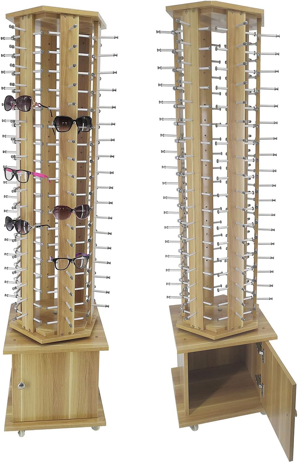 Mobile Floor Standing Rotating Storage Display Stand Organizer,Wooden Retail Sunglass Display Rack 72-108 Pairs Eyewear Holder,108 Pairs Wood Grain