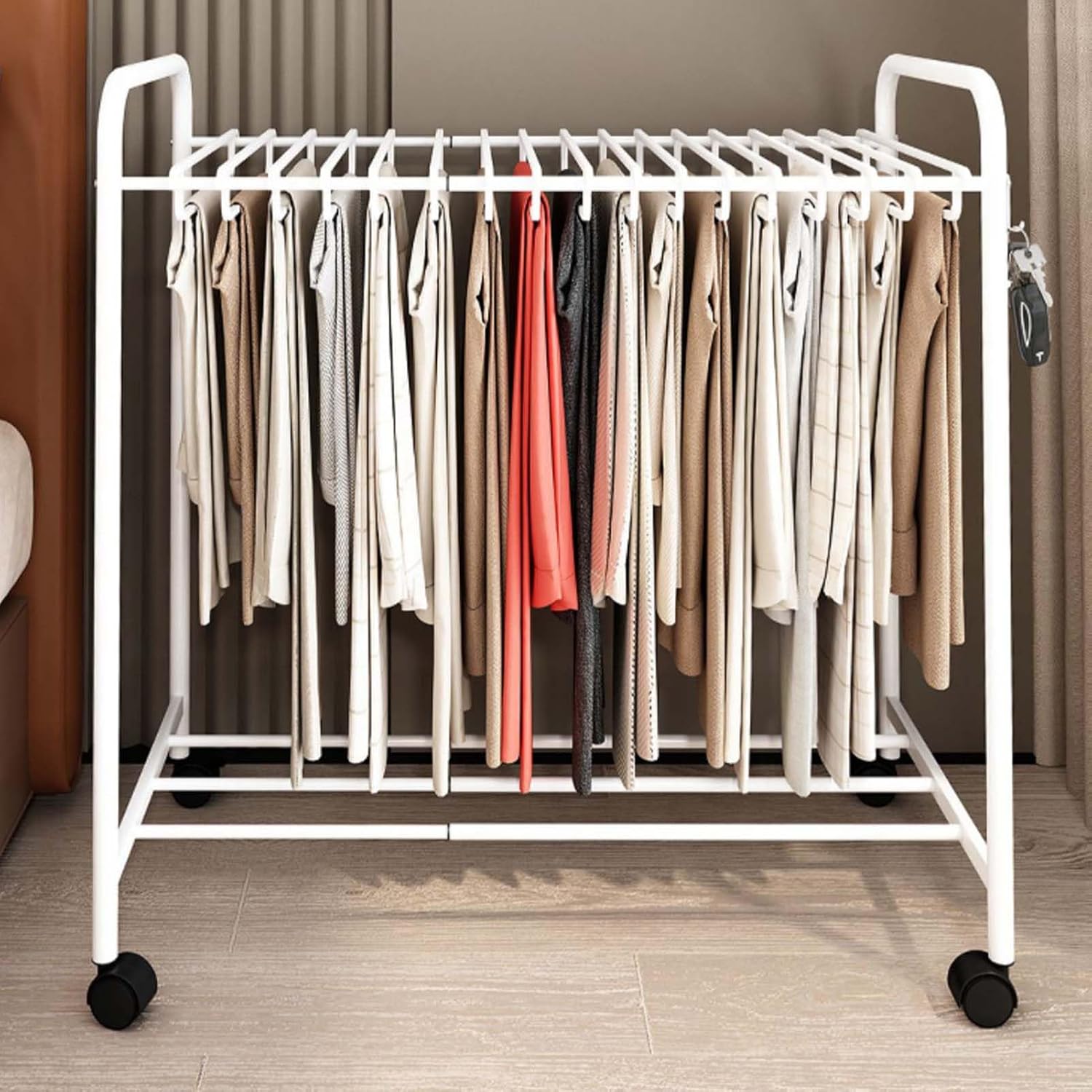Expandable Floor Standing Pants Hangers Trolley - Metal Garment Rack & Trousers Closet Shelf with Pull-Out Jeans & Skirt Hangers for Space-Saving Efficient Storage