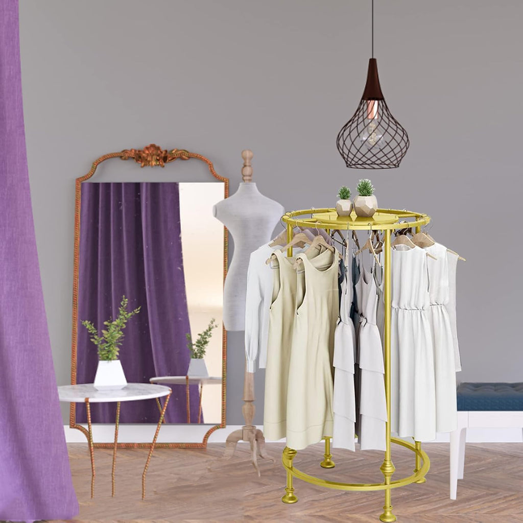 Round Garment Rack, Floor Standing Iron clothes Hanging Rack with Topper, Suitable for Large Shopping Malls Retail, Clothes Boutique Display Laundry Rooms Multi-Purpose Hanging (GOLD)