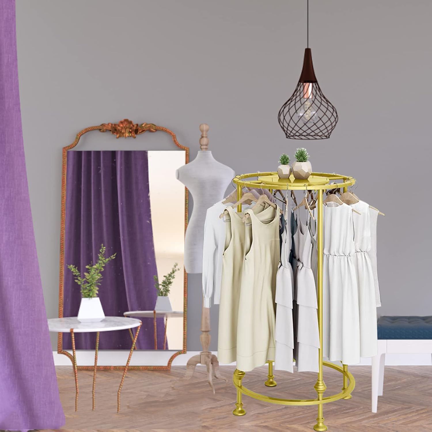 Round Garment Rack, Floor Standing Iron clothes Hanging Rack with Topper, Suitable for Large Shopping Malls Retail, Clothes Boutique Display Laundry Rooms Multi-Purpose Hanging (GOLD)