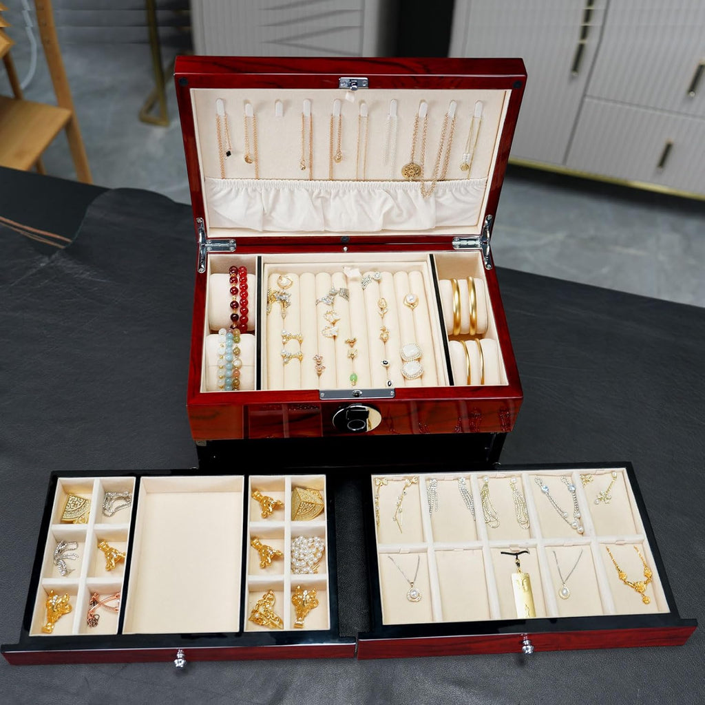 Wood Jewelry Box for Women, 3-layers Large Jewelry Storage Box&Organizer Fingerprint Lock, Drawers Full Locking, Mother Gifts (3L-RS)