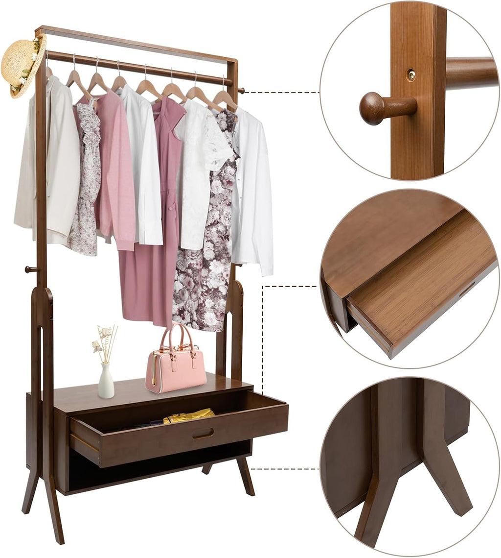 Bamboo Garment Rack with Drawers, Freestanding Wooden Clothing Rack with Hooks, Heavy Duty Coat Rack with Shelves Multifunctional Open Wardrobe Closet Organizer for Entryway Bedroom Indoor (A)