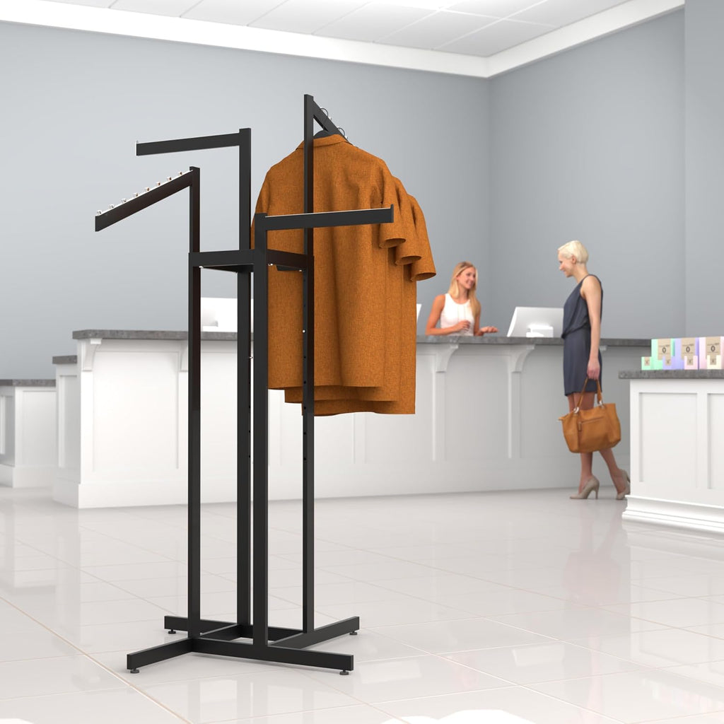 Econoco 4-Way Clothing Rack, Heavy Duty Adjustable Garment Display with 2 Straight and 2 Slanted Arms, Square Tubing, Black