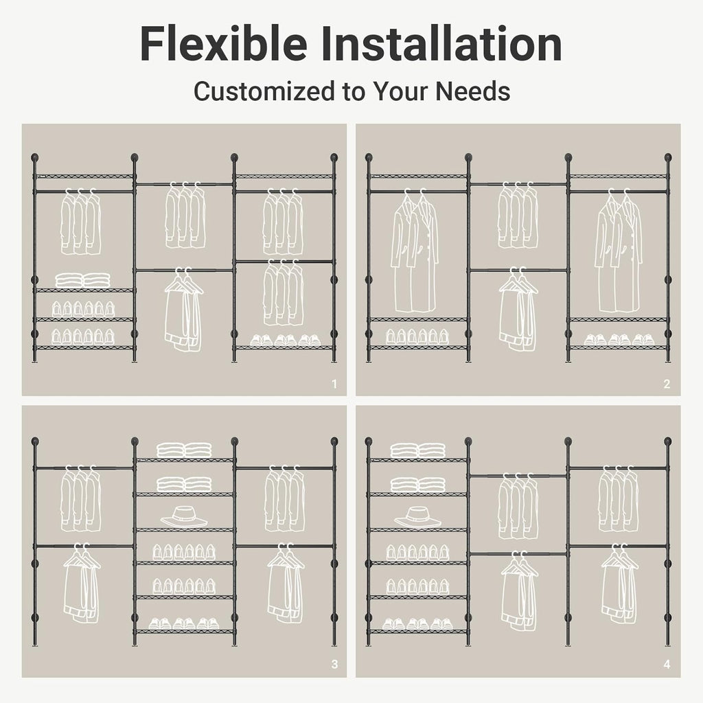 Timate F3 Plus Wall Mounted Clothes Rack Industrial Pipe Clothing Rack for Hanging Clothes, Heavy Duty Clothes Rack with Shelves, Expandable Garment Rack Wall Closet System, Black Pipe Closet Kit