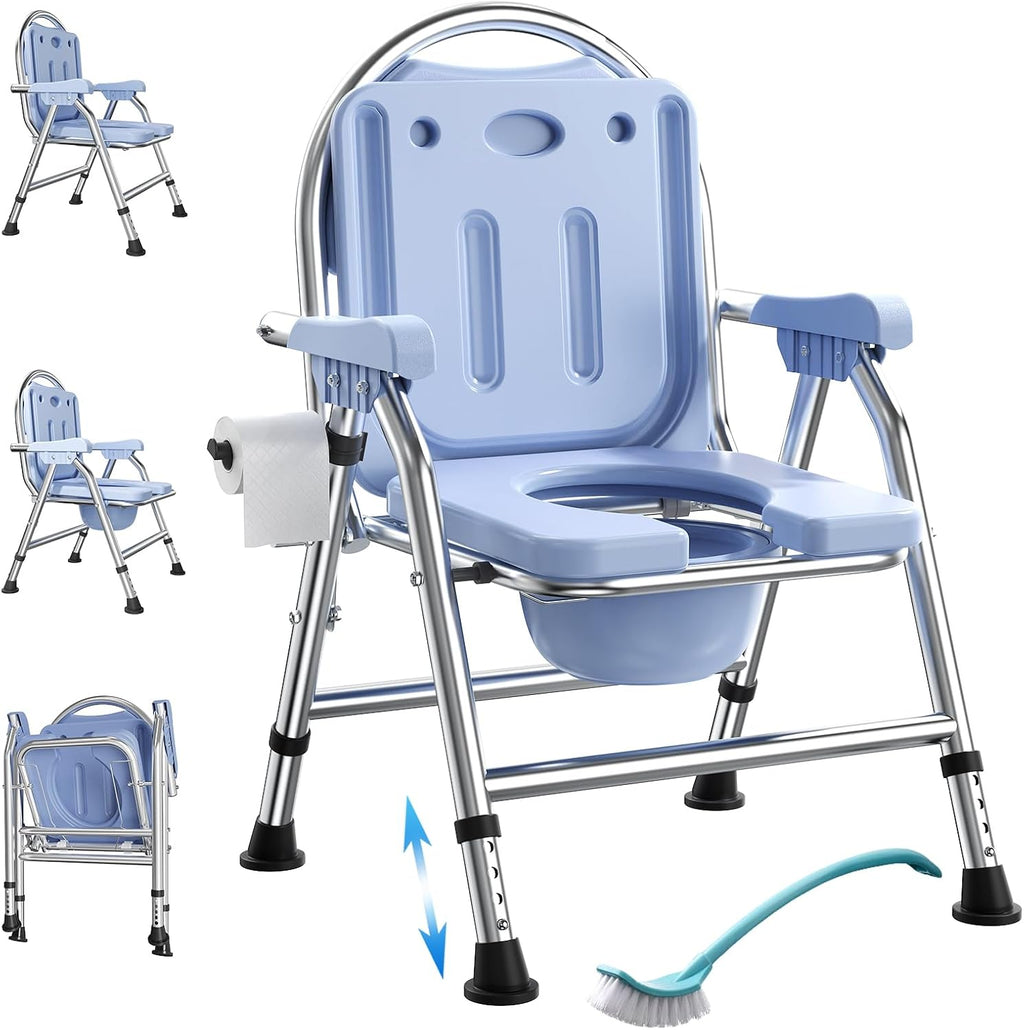 4 in 1 Folding Bedside Commode Chair for Elderly with Arms and Back,Adjustable Height Raised Toilet Seat with Handles,Adults Potty Chair for Seniors,Disabled,Holds Up to 350 lb (ABS Plastic Seat)