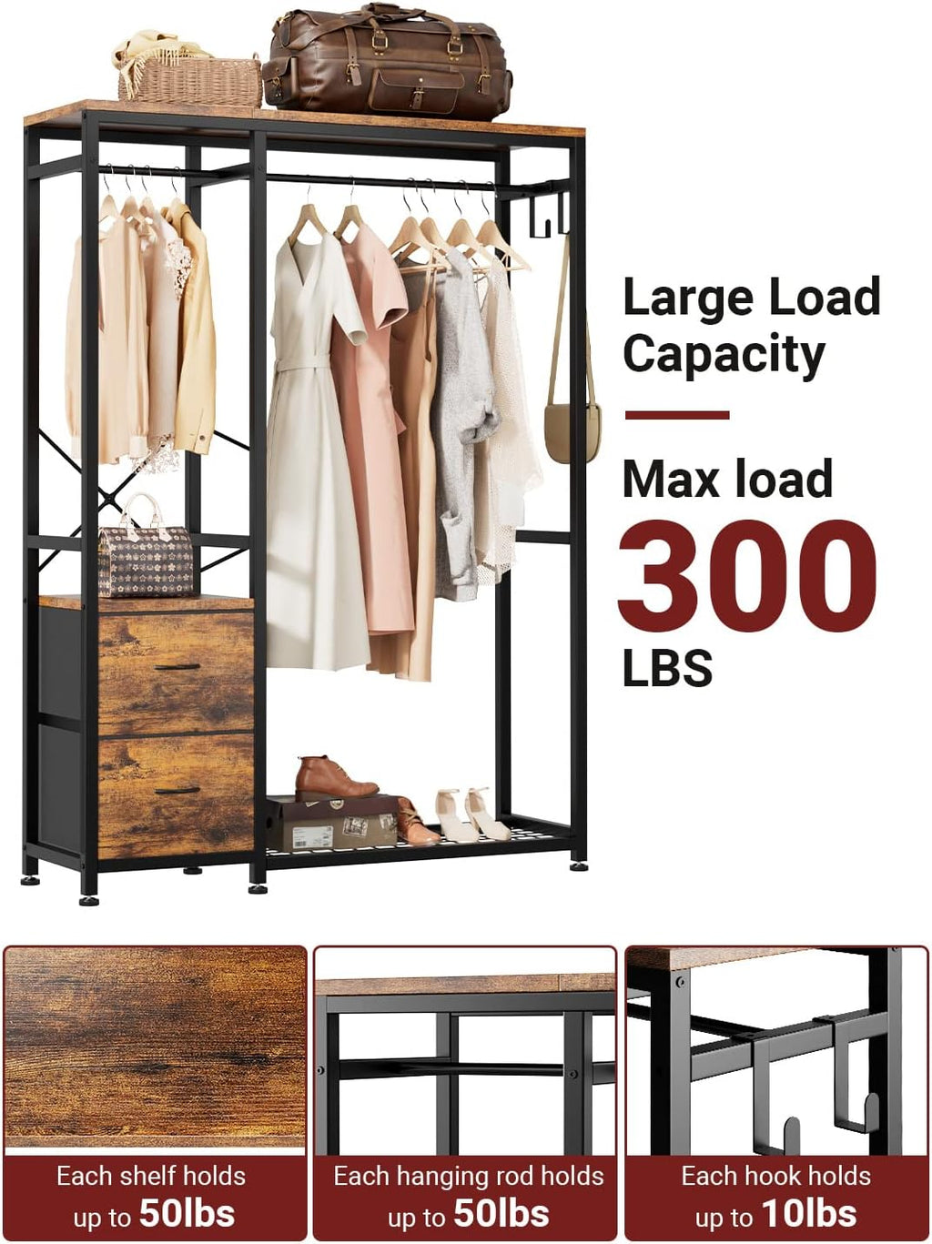 Lulive Clothes Rack with 2 Rods, Shelves, Drawers & Hooks, Garment Rack | Clothes rack with 2 hanging rods (50lbs each), 2 shelves, 2 fabric drawers & 4 hooks. 300lb total capacity. Fits small spaces
