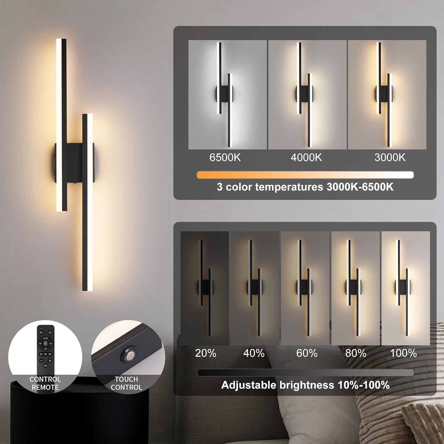 Modern Battery Operated Wall Sconce Set of 2,Dimmable Rechargeable Indoor Led Wall Sconce Lighting,Black Wireless Wall Lamps with Remote Control for Living Room Bedroom Bathroom Hallway