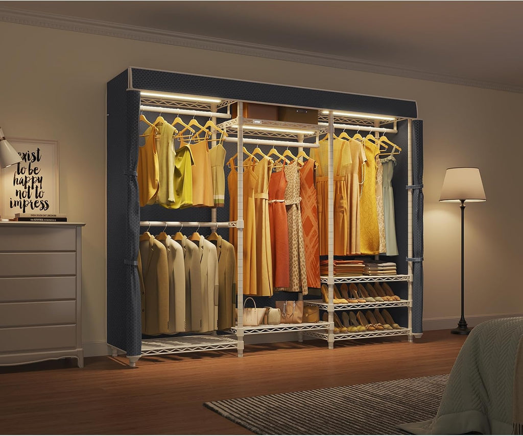 VIPEK V5LC Garment Rack Heavy Duty Covered with Dimmable LED Light, 3000K Warm White, Portable Closet Wardrobe Freestanding for Hanging Clothes, with Black Cover