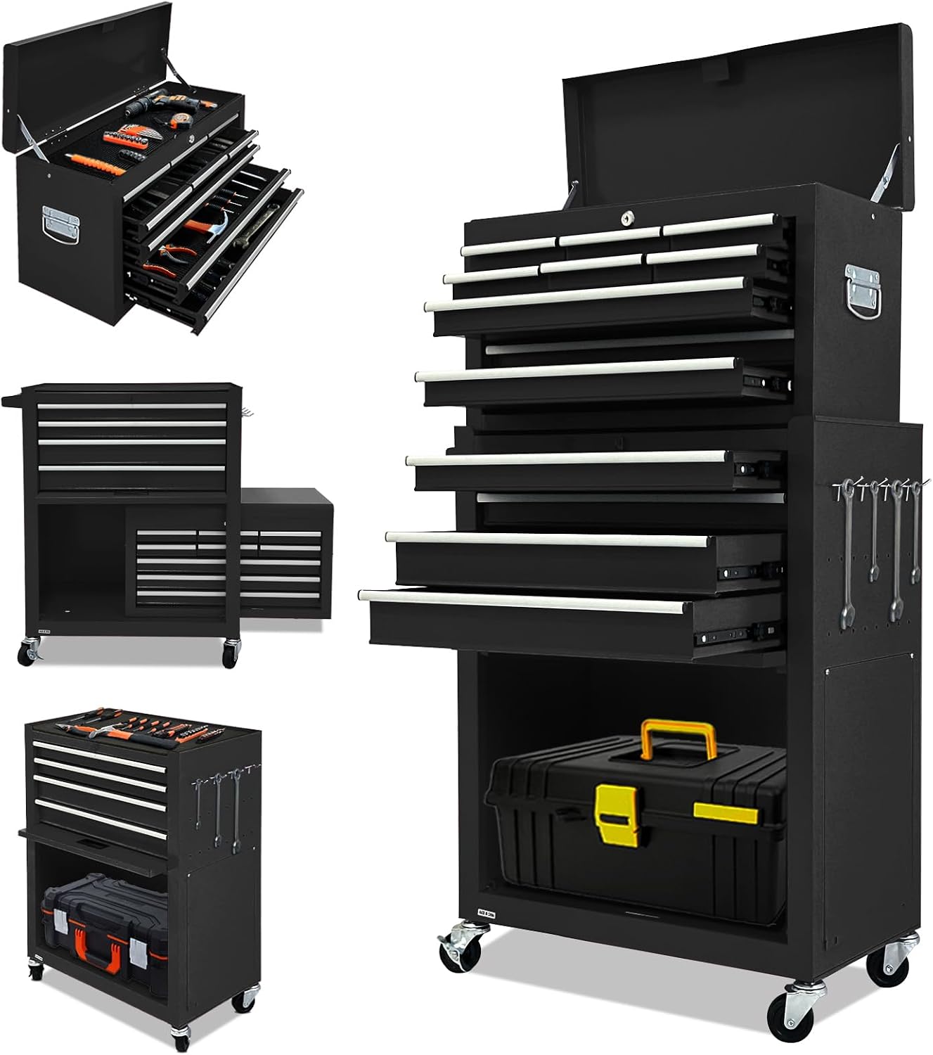 13-Drawer Rolling Tool Chest, 2-in-1 Heavy Duty Detachable Storage Cabinet with Lockable Wheels & Removable Top Box, 600 lbs Capacity for Mechanics, Garage Workshop (BLACK)