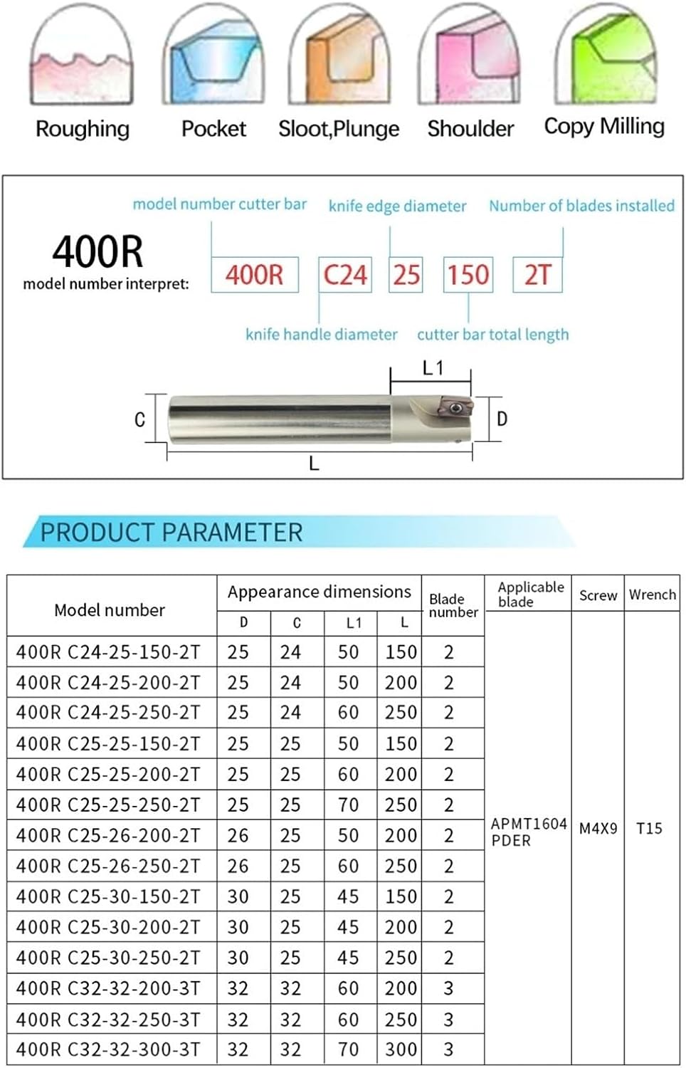 Milling Cutter Bar BAP400R milling cutter holder right angle CNC boring bar carbide suitable for APMT1604 blade(400R C32-40-300-3T)