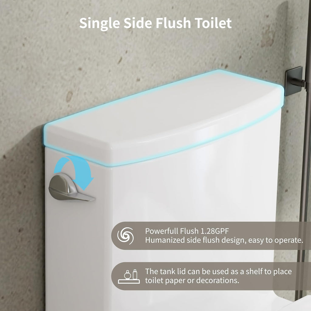 KE KING One Piece Toilet with Powerful Flush, Compact Toilet Elongated Side Lever Flush 1.28 GPF, Sleek Design White Toilet Bowl, MAP Score 1000g, 12'' Rough-in, Certified Quality