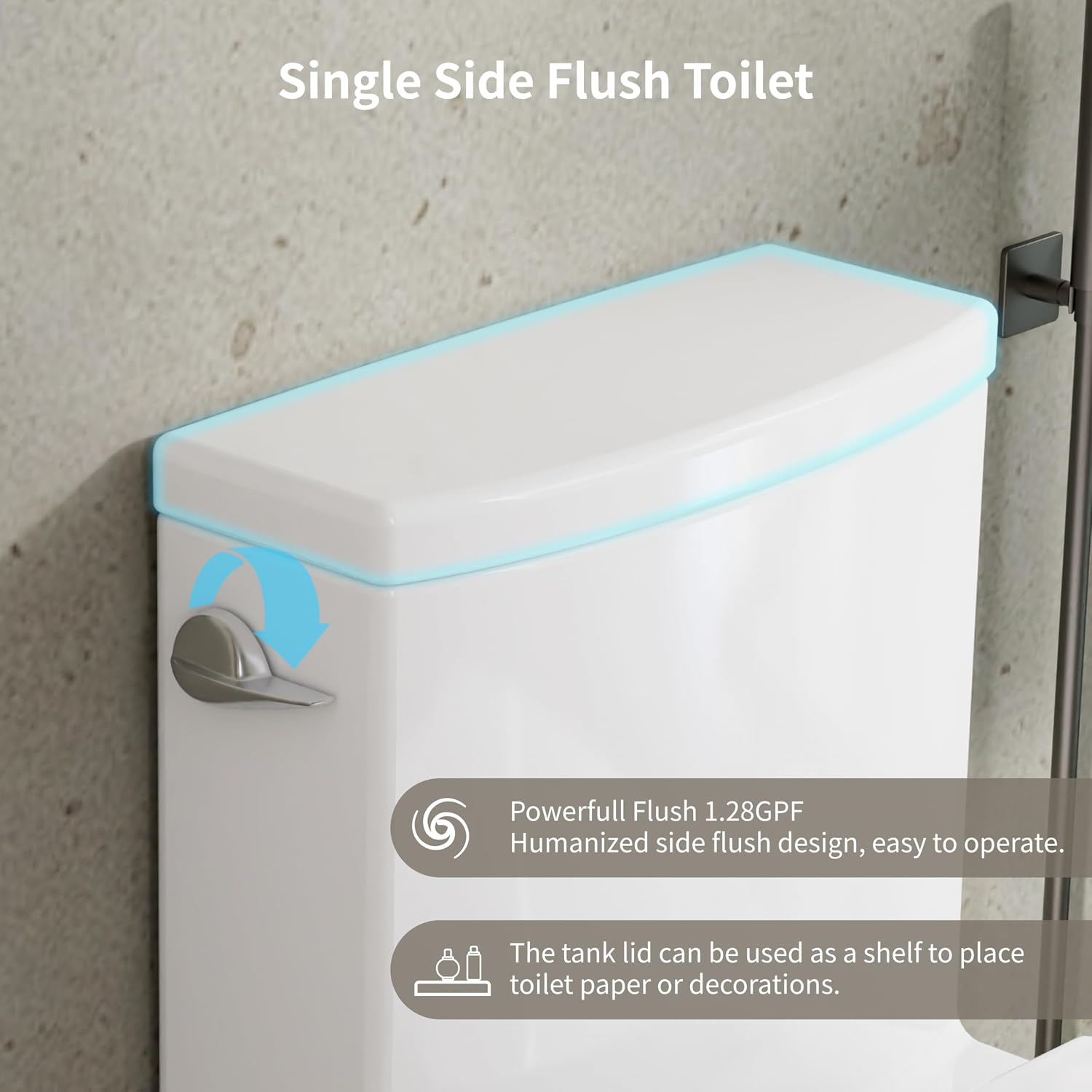 KE KING One Piece Toilet with Powerful Flush, Compact Toilet Elongated Side Lever Flush 1.28 GPF, Sleek Design White Toilet Bowl, MAP Score 1000g, 12'' Rough-in, Certified Quality