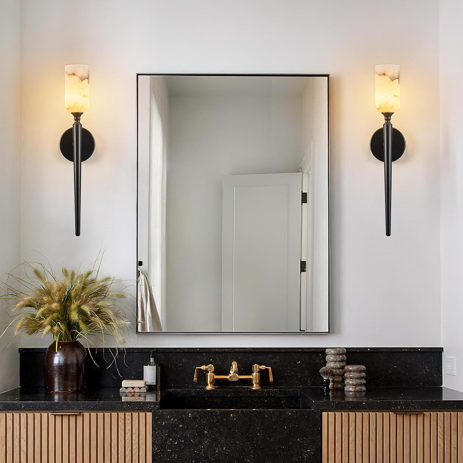 LMQNINE Natural Alabaster Wall Sconce Modern Black Wall Light Bathroom Sconce Wall Decor Antique Marble Sconces Wall Lighting for Bedroom Living Room Entryway Hallway Staircase