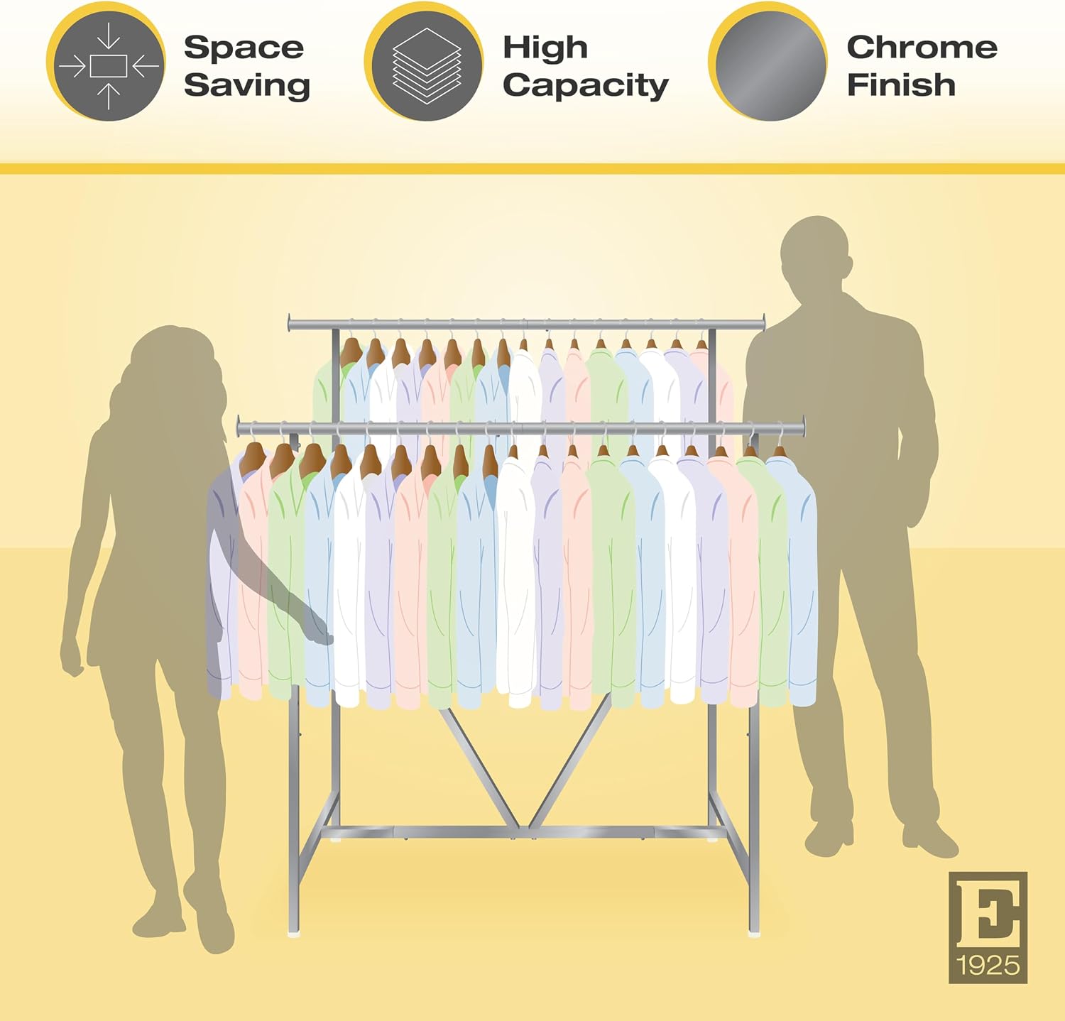 Econoco Adjustable Double Bar Clothing Rack, Heavy Duty Chrome Retail Garment Rack, 60in Hangrail, Commercial Display