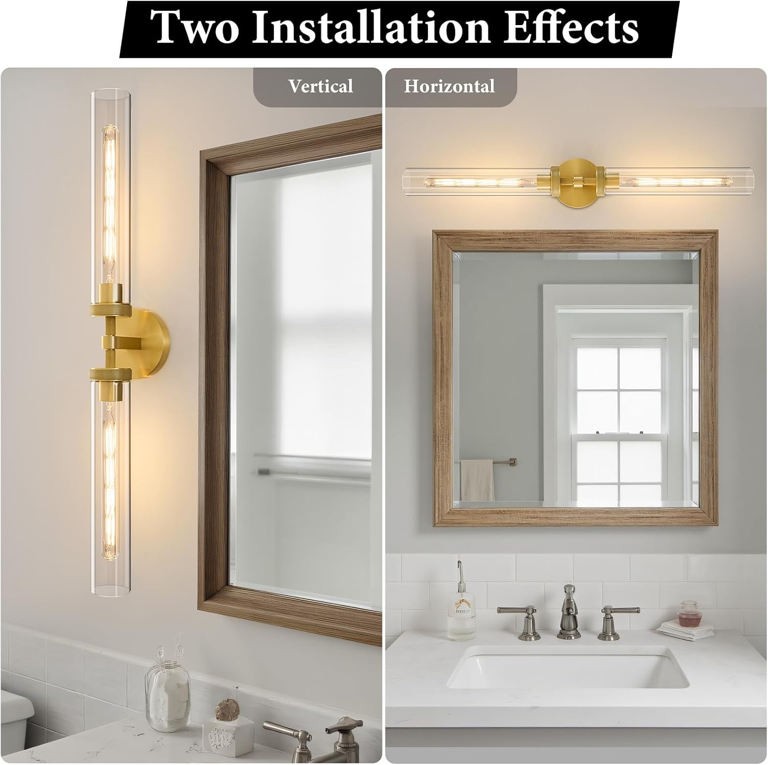 Knurled Brass Tube Wall Sconce - Set of 2 Luxury Modern Dimmable Sconces with Bulbs - Gold Glass Vanity Light Fixture - Vertical or Horizontal Mounted Indoor Lighting for Bathroom Bedroom Living Room