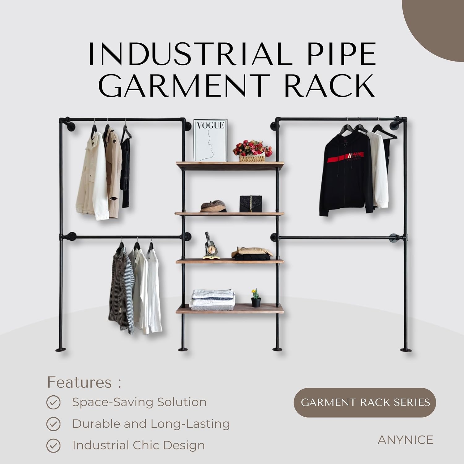 Industrial Pipe Clothing Rack Wall Mounted, DIY Custom Closet System with Shelves, Heavy Duty Garment Hanging Rack for Walk in Closet, Laundry Room, Retail Display, 14.6x122.8x82.7 in, Y05