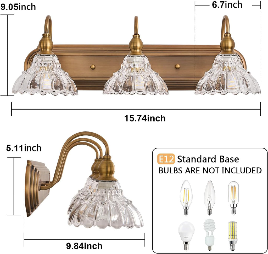 Vintage 3-Light Bathroom Vanity Lighting Fixtures Modern Wall Sconces Brass Glass Retro Vanity Light for Bedroom, Bathroom, Doorway, Farmhouse, Hallway