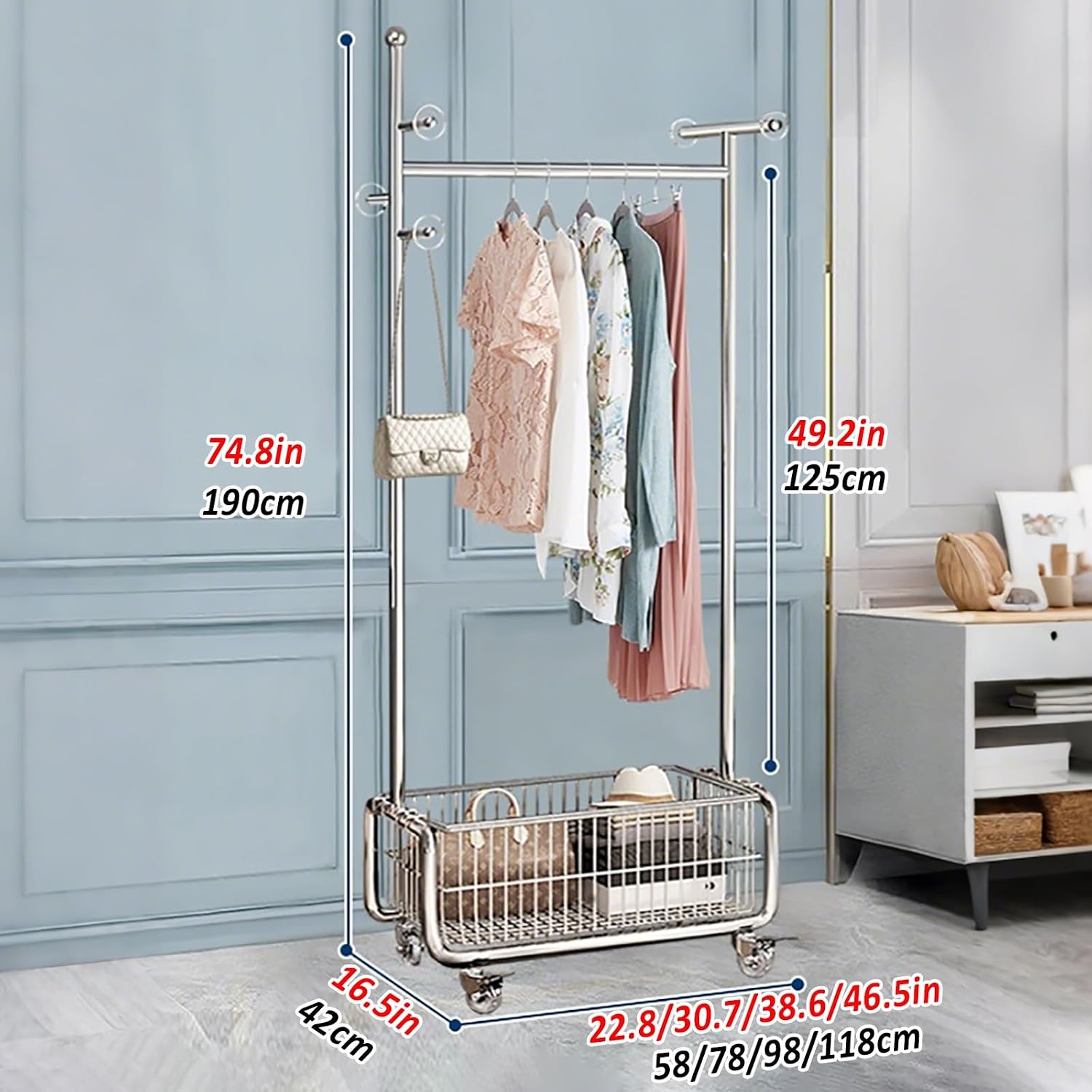Rolling Garment Rack With Wheels, Clothing Racks, Heavy Duty Clothes Rack With Storage Basket, Portable Clothes Organizer, For Bedroom Entry Hall(118cm/46.5in)