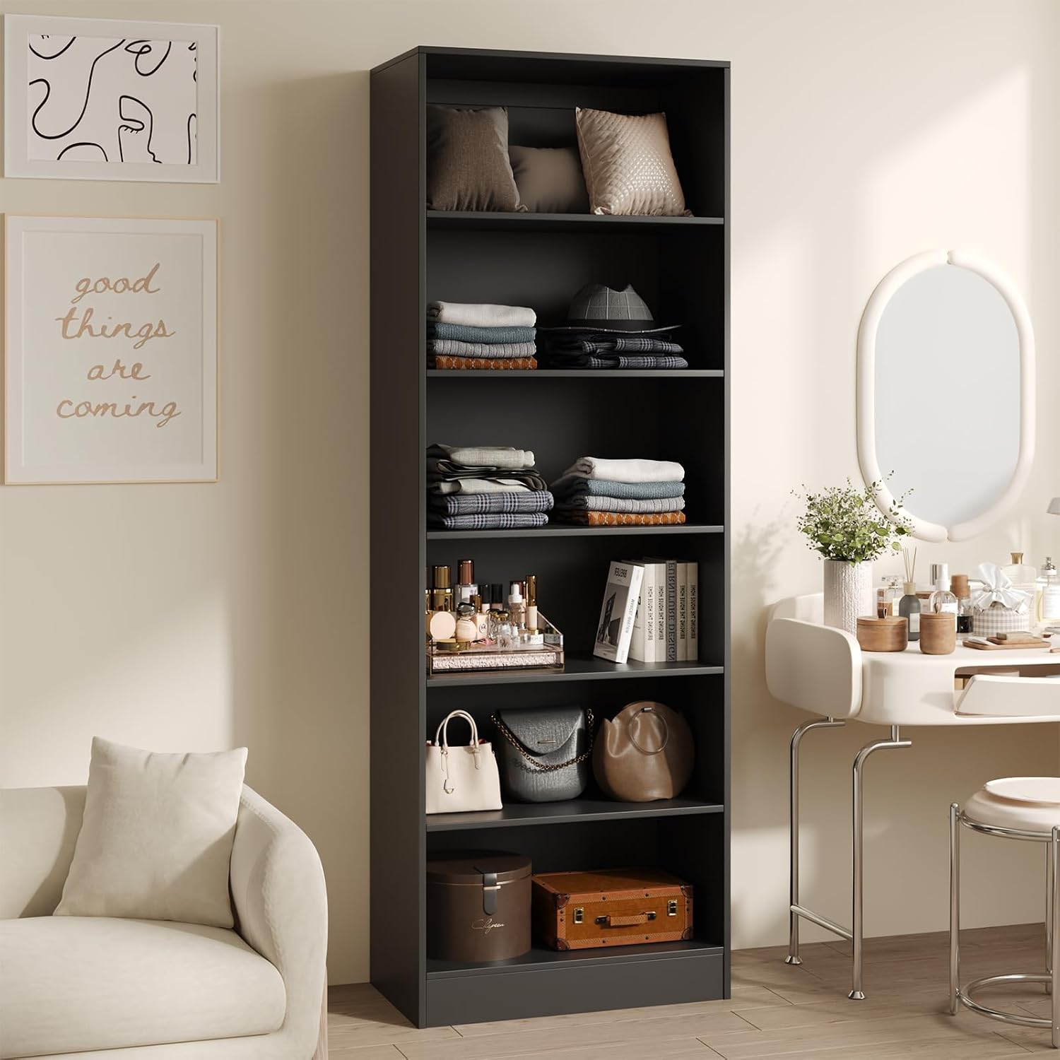 VOWNER Freestanding Closet System with 5 Adjustable Shelves, Wood Closet Organizer System, Walk-in Closet, Clothes Garment Rack, Adjustable Shelving Unit, Wardrobe Closet Bedroom Entryway