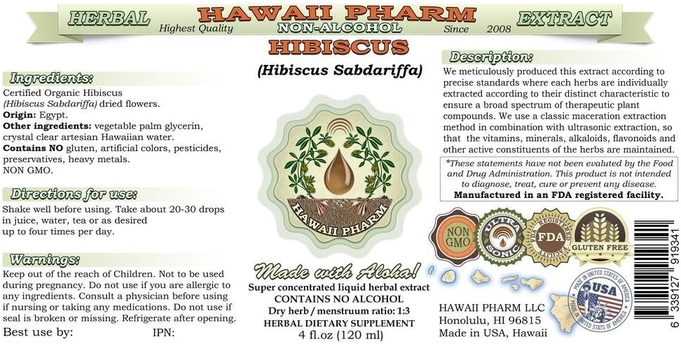 Hibiscus Alcohol-Free Liquid Extract, Hibiscus (Hibiscus Sabdariffa) Dried Flower Glycerite Hawaii Pharm Natural Herbal Supplement 4x4 oz