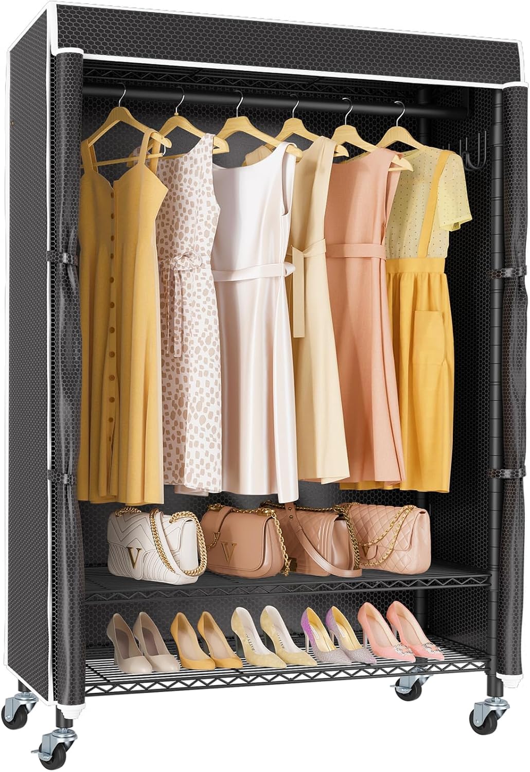 VIPEK R3C Rolling Clothes Rack With Cover Portable Closet for Hanging Clothes, Heavy Duty Garment Rack Freestanding With Wheels & Side Hooks, Black With Upgraded Polyester Cover