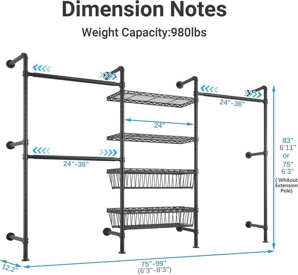 Timate X3 Expandable Heavy Duty Clothes Rack Wall Mounted Clothing Rack for Hanging Clothes, Industrial Pipe Closet System for Walk in Closet Kit Wall Mount Clothes Rack with Basket, Black Wall Closet