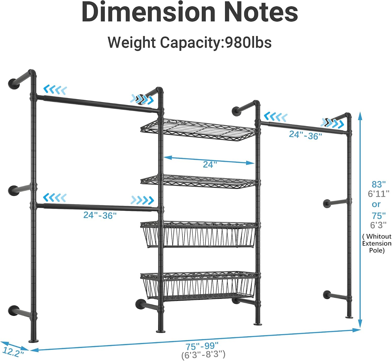 Timate X3 Expandable Heavy Duty Clothes Rack Wall Mounted Clothing Rack for Hanging Clothes, Industrial Pipe Closet System for Walk in Closet Kit Wall Mount Clothes Rack with Basket, Black Wall Closet