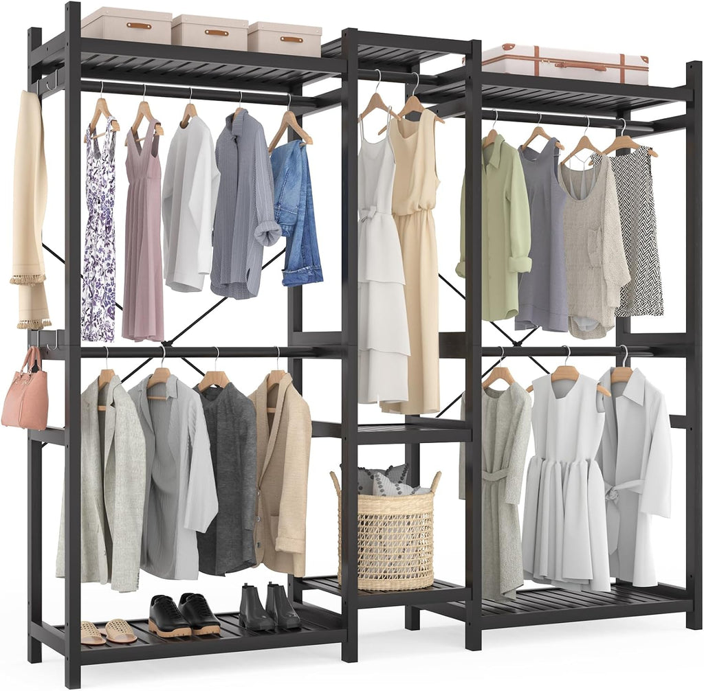 Homykic Bamboo Closet System Clothes Rack, Large Freestanding Garment Rack Clothing Rack for Hanging Clothes with 7 Storage Shelves and 5 Rods, Open Wardrobe Organizer with 4 Hooks, Black